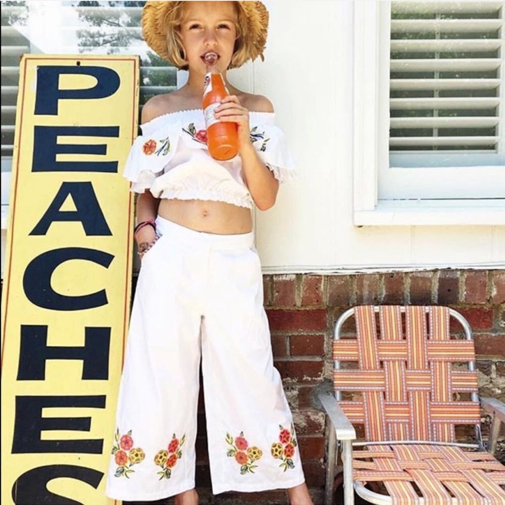 MSGM Kids Designer Off Shoulder Crop Top Wide Leg Pants Set Size 8Y White Floral